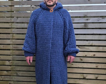 Men's Chunky Knit Long Cardigan with Hood, Reversible Oversized Hooded Coat for Men