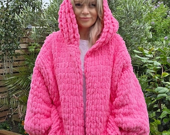Reversible Chunky Knit Cardigan with Hood Oversized Plush Bomber Jacket Two-Sided Heavy