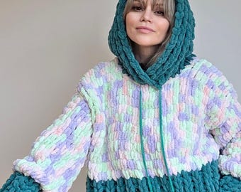 Chunky Knit Hoodie, Oversized Color-Block Polyamide Sweater, Huge Hood, Streetwear Jumper