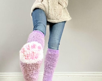 Fluffy Paw Socks: Embroidered Knee High Socks, Handmade