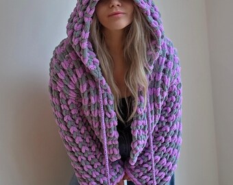 Handmade Striped Chunky Knit Cardigan with Statement Long Ties & Pom Pom Tassels