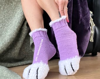 Hand Knitted Paw Socks, Wool Blend, Embroidered Claws