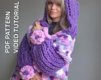 Chunky Finger Knitting Cardigan Pattern PDF, Flower Cardigan Loop Yarn Tutorial, Oversize Hoodie