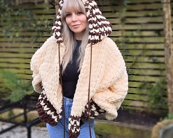 Chunky Knit Hooded Cardigan, Oversized Plush Coat, Tassels, Boho Winter Warmth