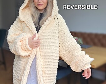 Unisex Chunky Knit Hooded Cardigan, Reversible Plush Oversized Sweater