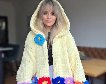 Chunky Knit Flower Cardigan, Pastel Yellow Plush Hooded Sweater with Colorful 3D Flowers