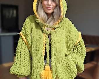 Hand Knit Hooded Cardigan, Soft Oversized Sweater, Multi-way Belt Tassel Accent