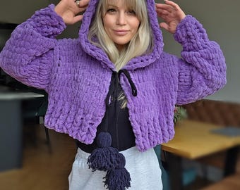 Chunky Knit Cropped Cardigan, Oversized Hood, Velvet Transformer Jacket, Pom Poms, Soft Sweater