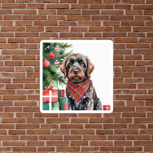 Puede incluir: Un perro negro y marrón con una bufanda de cuadros rojos y negros está sentado frente a un árbol de Navidad con adornos rojos y blancos. El perro está mirando a la cámara. Hay regalos envueltos delante del perro.