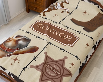 Personalized Name Cowboy Blanket Gift for New Mom, Custom Western Nursery Decor Kids Plush Throw Blanket for boys,  Childs Bedroom decor