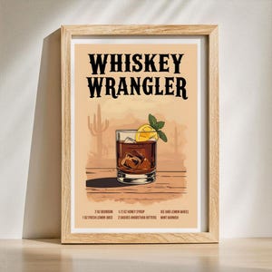 Póster de cóctel de vaquero, impresiones de alcohol, arte de vaso de whisky, impresiones de barra occidental, impresión antigua, arte de pared de carrito de bar Honky Tonk para papá