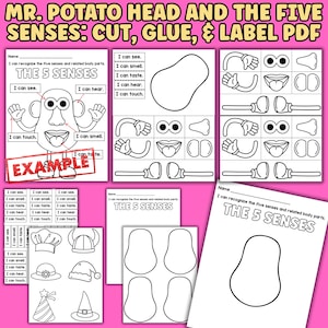 May include: A black and white printable activity set titled MR. POTATO HEAD AND THE FIVE SENSES: CUT, GLUE, & LABEL PDF. It features worksheets with a potato outline, cut-out facial features, limbs, hats, and labels for the five senses.
