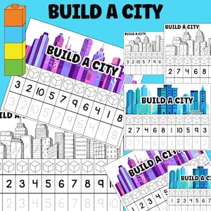 May include: Educational activity sheets with the text "BUILD A CITY" feature cityscapes and number exercises. A colorful block tower is in the upper left corner. The sheets are designed for learning and fun.