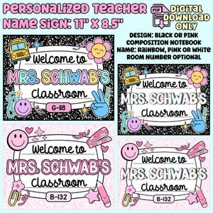 Letrero personalizado con nombre para profesor, descarga digital, con temática retro/compositiva.