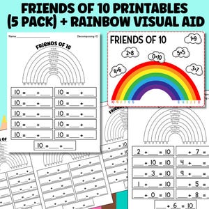 Pode incluir: Folhas de trabalho educacionais imprimíveis intituladas "FRIENDS OF 10" com um auxílio visual de arco-íris. As folhas de trabalho apresentam diagramas de arco-íris e problemas matemáticos para decompor o número 10. O texto inclui "(5 PACK)" e "RAINBOW VISUAL AID".