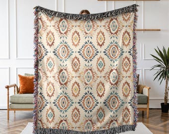 Southwestern Woven Cotton Blanket: Boho Aztec Geometric Throw