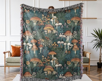 Mushroom Forest Woven Blanket: Cottagecore Boho Decor