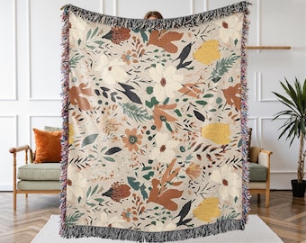 Floral Throw Blanket: Autumn Botanical Woven Cotton Tapestry
