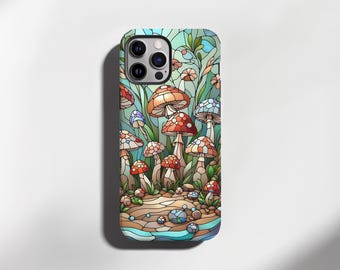 May include: A phone case featuring a colorful illustration of mushrooms in a whimsical forest setting. The design includes various mushroom types with red, orange, and blue caps, set against a backdrop of green foliage and a blue sky.