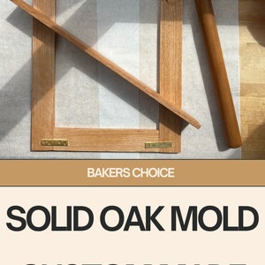 May include: A solid oak mold for baking, with brass hinges and a wooden rolling pin. The mold is custom made and has the text "Bakers Choice" printed on it.