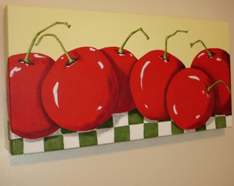 CHERRY Painting - Bright Red Cherries - Bold Kitchen Art - 10x20 Deep Edge Canvas Art - Original Acrylic Painting