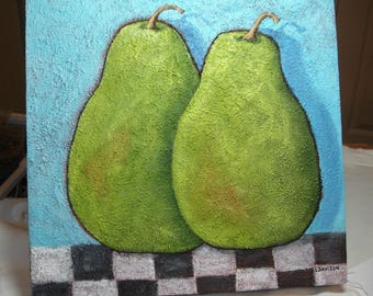 Pear Painting - Kitchen Art -12x12 Deep Edge Canvas - Pear Pair on blue textured canvas - Original Acrylic Pear Painting