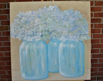 Hydrangeas- Large 24 x 24 Deep edge Canvas - Hydrangeas in Blue Jars -Original Art - Floral Painting