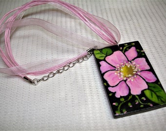 Hand Painted Necklace - Painted on Wood Tile