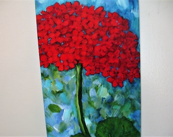 RED Geranium Painting - 8 x16 Deep edge Canvas- Original Floral Art - Nature Art- Bold Red Flower Art