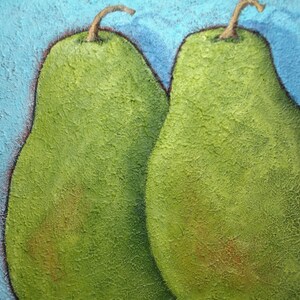 May include: A close-up of a painting featuring two green pears with textured surfaces. The pears have brown stems and are set against a textured, light blue background. The painting has a rustic, handmade aesthetic.