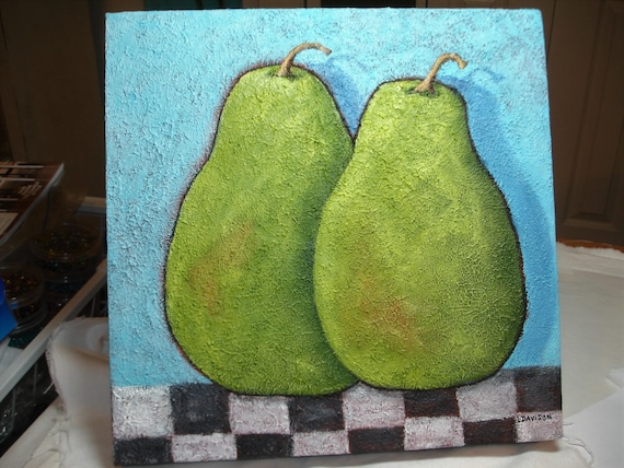 Original Acrylic Pear Painting – Textured Kitchen Art, 12x12 Canvas