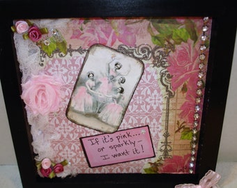 PINK Collage Art - Mixed Media- For Pink Lovers - Shabby Pink Flower - Rhinestones - Roses - Wall Art