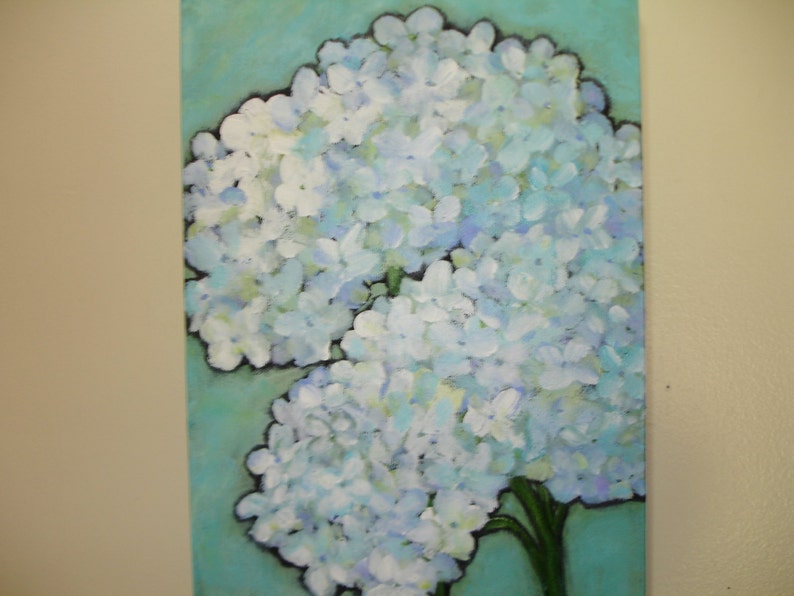 HYDRANGEA Painting Original art Flower art 10x20 deep edge canvas art Beautiful blue white and green floral art image 2