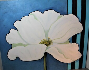 Modern White Poppy Painting - 20x24 Deep Edge Canvas - Large Single Bloom Poppy Art -White flower on Blue-  Black Striped Background