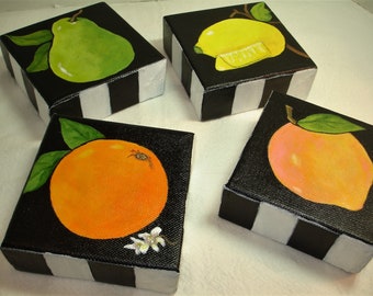 4x4 Canvas SET Fruit Paintings- Lemon-Pear-Orange & Peach -Colorful Kitchen Art - Deep Edge Canvas - Stand, hang or use in Tier Tray