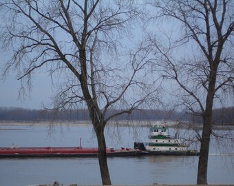 Tug Boat - MISSISSIPPI RIVER BARGE- Riverboat - Gray morning sky - 5x7 photograph - More Sizes Available