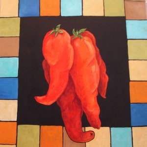 Spicy Red Peppers Original Art – Kitchen Canvas, Vibrant Tiles 24x24