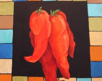 Peppers - 24 x 24 - Kitchen Art - Spicy Peppers - Vibrant Colored Tiles - Red Peppers