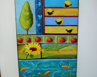 Nature Painting -NATURE'S GIFTS - 18x24 deep edge canvas - Birds- fish - sunflower- fields -fruit-butterflies- tree- stream- GREAT color