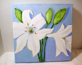 White Lily Painting  -Original Flower Art -Two Lilies on Blue background - 12 x 12 Inch Deep Edge Canvas