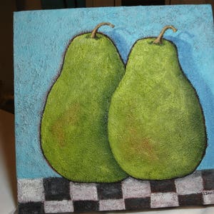 May include: A square painting featuring two green pears with brown stems against a textured light blue background. The bottom of the painting has a black and white checkered pattern. The painting is signed in the bottom right corner.