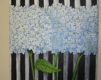 White Hydrangea Painting - Stripe background - Textured surface - Beautiful white floral art - Original Painting- 24x24