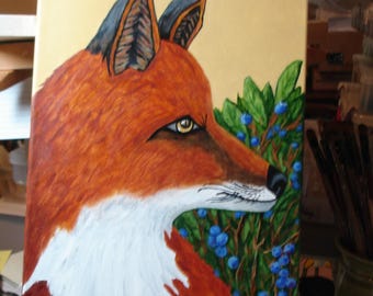 Pintura acrílica original de un zorro - Campo de bayas, lienzo de 10x20