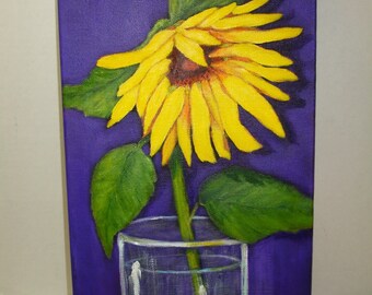 Beautiful Sunflower Painting - Original Art - Purple Background with Bold Yellow Sunflower - 8 x 16 inch deep edge Canvas