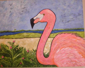 FLAMINGO Painting - Arte en la playa o en el océano - PINK FLAMINGO - Tropical Flamingo Painting - 24x30 pulgadas
