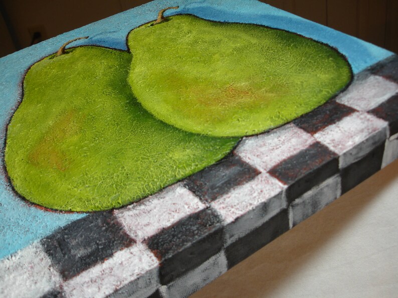 May include: A still-life painting featuring two green pears with textured surfaces, set against a light blue background and a black and white checkered pattern. The pears are the focal point, with a detailed, realistic depiction.