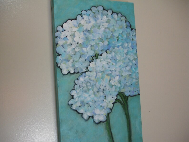HYDRANGEA Painting Original art Flower art 10x20 deep edge canvas art Beautiful blue white and green floral art image 4