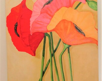 THREE POPPIES Painting - 18x24 inch deep edge canvas - Original Floral Art - Poppy Painting - Flower Art