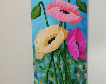 Poppy Art - Original Painting - 8x16 deep edge canvas - 3 poppies - pink- yellow - coral