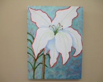 WHITE LILY Painting -18x24 Deep edge Canvas  - Original Floral Painting- Acrylic- White Blue and Rust